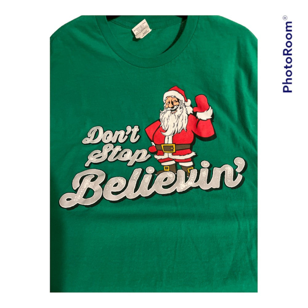 Santa Claus “Don’t Stop Believing” T-shirt Green Cotton 2XL preshrunk